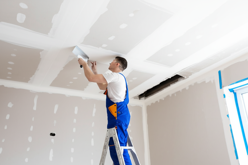 Worker repairing ceiling